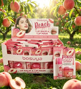 Bosuya Pfirsich-Lippenbalsam- und Masken-Set in einer üppigen Pfirsichgarten-Szene