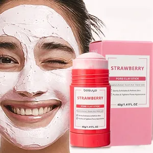 Close-up of strawberry pore clay mask stick showing texture and model application view