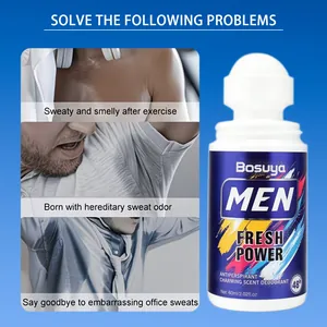 Bosuya men's antiperspirant deodorant showing solutions for sweaty and smelly bodies.