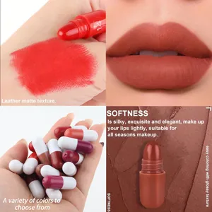 Close-up of 18-color matte mini capsule lipstick set swatches and lip texture view