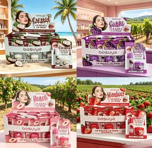Collage von Bosuya fruchtigen Lippenbalsam- und Lippenmasken-Sets in vier Sorten.
