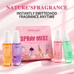 Detailed view of Bosuya alcohol-free fragrance spray mist gift set in elegant pink packaging