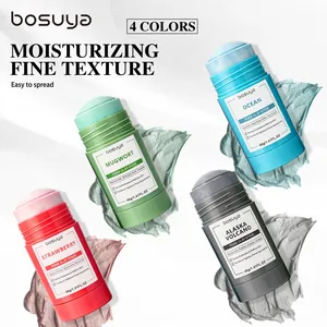 Detailed view of four different moisturizing pore clay sticks with mud texture smears