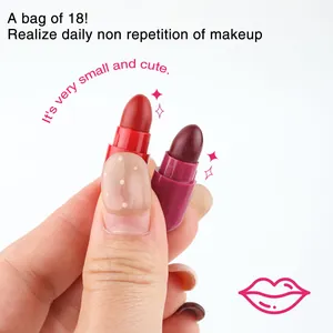 Close-up of mini capsule lipsticks set showing size comparison and matte shades