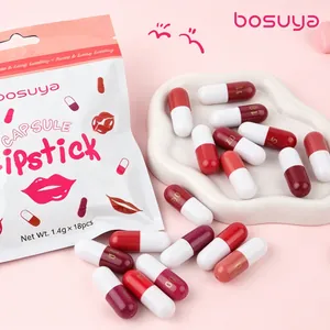 Detail of 18-color capsule lipstick set with matte finish and waterproof formula