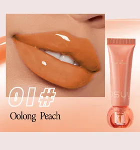 Close-up of hydrating oolong peach jelly lip gloss on lips with product tube detail