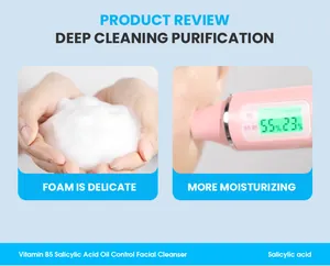 Close-up of Vitamin B5 Salicylic Acid Facial Cleanser foam and skin moisture test
