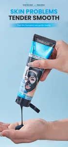 Close-up detail of black peel-off mask being squeezed from a blue tube into model hands