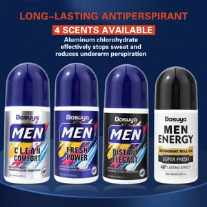 Close-up of four Bosuya men's deodorant roll-on scents for 48h protection