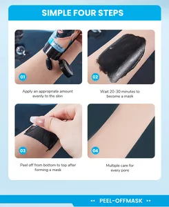 Four-step instructional guide for deep cleansing peel-off black mask application and removal.