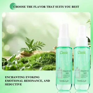 Close-up of Bosuya long-lasting fragrance mist bottles in natural moss setting