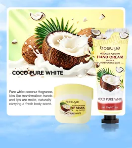 Dettaglio del set bosuya crema mani e maschera labbra al cocco per la cura della pelle.