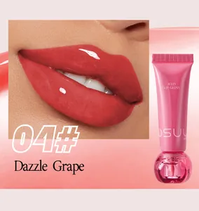 Macro detail showing 04 Dazzle Grape jelly lip gloss on lips with glossy hydrating finish.