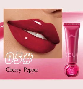 Detailed view of gloss 05 Cherry Pepper jelly lip gloss applied on lips next to product tube