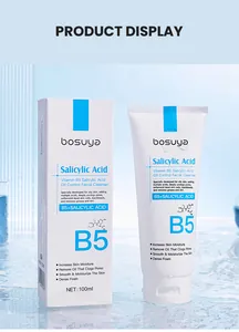 Detail showing Bosuya Vitamin B5 Salicylic Acid facial cleanser packaging with water drops.