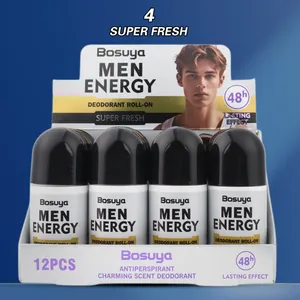 Detailed view of Bosuya Men Energy deodorant roll-ons in a 12-piece retail display box