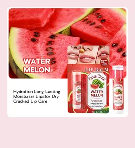 Bosuya watermelon lip balm detail showing stick and professional blister card packaging.