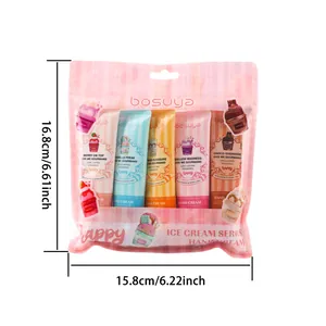 Detail view with dimensions of Bosuya 5-piece ice cream hand cream set in pink bag