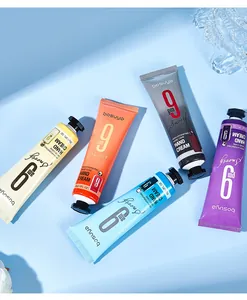Five colorful tubes of Bosuya hydrating hand cream displayed on a soft blue background.