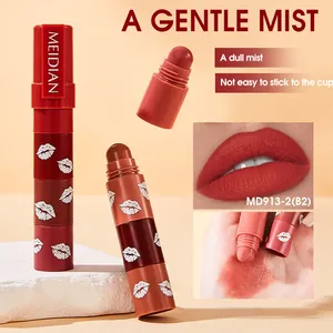 MEIDIAN 4-in-1 non-stick matte lipstick pen with multiple red shades and swatches.