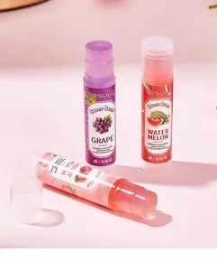 Detailed view of Bosuya fruit scented lip balms in grape, peach and watermelon