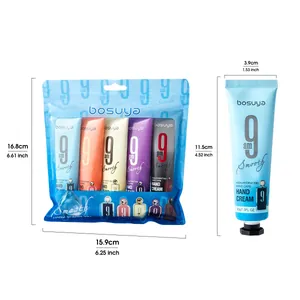 Bosuya 5-pack fragrance hand cream gift set with product dimensions on white background.
