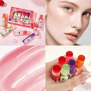 Bosuya 6-piece moisturizing lip balm set with assorted fruit flavors and glossy texture.