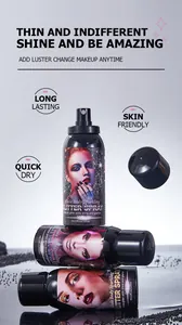 Nahaufnahme von drei 120-ml-Glitzersprayflaschen in den Varianten Silber, Gold und Lila.
