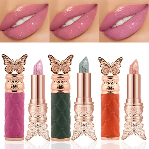 QICIY Lápiz Labial Sensible A La Temperatura De Mariposa Bálsamo Labial Hidratante Con Brillo Diseño De Celosía Exquisito Acabado Brillante Mujer
