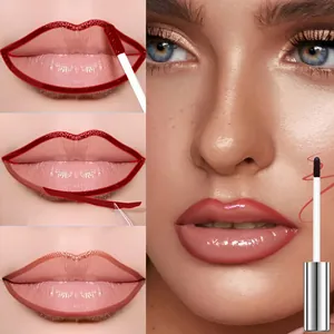 Applicazione matita labbra peel-off con risultato di trucco rosso impermeabile naturale.
