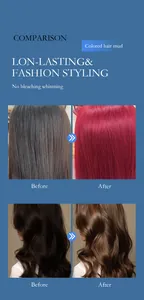 Visual comparison showing before and after hair color results with colored styling mud