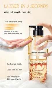 Close-up of FORMBO Caramel Whip perfume shower gel being dispensed with rich foam.