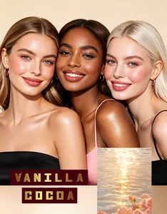 Vue détaillée de l'effet scintillant de l'huile corporelle Vanilla Cocoa sur la peau