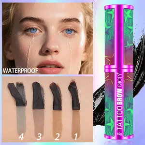 Close-up of QICIY peel-off tattoo brow gel showing 4 color shades and waterproof demo