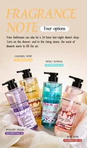 Detail of four FORMBO dessert-themed shower gels: Mallow, Caramel, Sundae, and Berry.