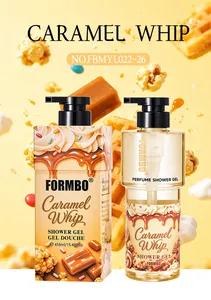 Close-up professional view of FORMBO Caramel Whip shower gel bottle and packaging box