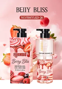 Detail view of FORMBO Berry Bliss shower gel in candy-style bottle and matching box packaging.