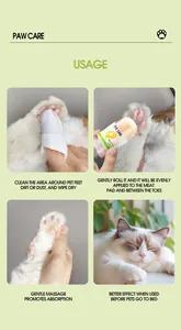 Usage guide for pet paw care balm illustrating cleaning and application on a cat's paws.