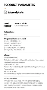 Paramètres techniques et mode d'emploi du désodorisant de voiture en verre de 8ml.