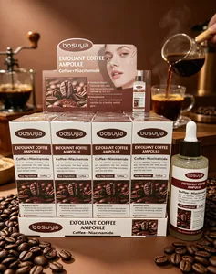 Plano detallado del set de ampollas exfoliantes de café Bosuya y frasco de cuentagotas
