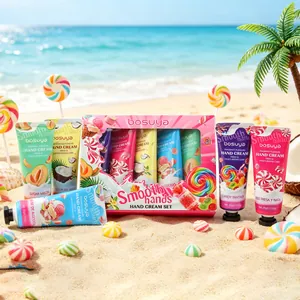 Detail of bosuya 5-piece hand cream set with candy scents on a sunny beach background
