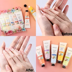 Détail du lot de 5 crèmes pour les mains Bosuya montrant l'effet avant et après