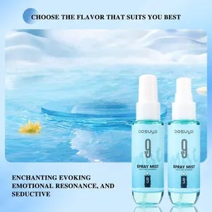 Detailed macro shot of Bosuya 9am long-lasting fragrance spray mist in fresh blue aquatic theme