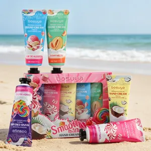 Detail view of Bosuya candy-themed 5-piece hand cream set on a beach background.