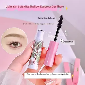 Close-up of ADMD eyebrow mascara showing spiral brush head and tinted brow result