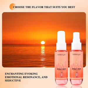Detail of Bosuya long-lasting fragrance mist bottles against a warm sunset backdrop