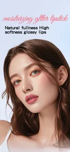 Close-up of a model showcasing moisturizing glitter lipstick with a natural glossy finish