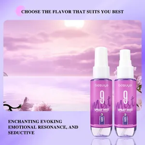 Detailed view of Bosuya 9pm long-lasting fragrance spray mist with a romantic sunset scene.