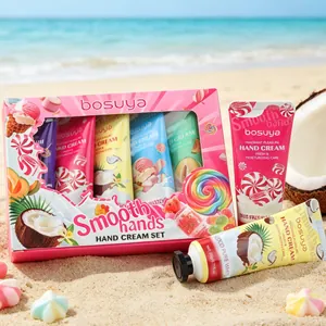 Detail shot of the 5-pack bosuya candy-themed hand cream set presented on a sunny beach