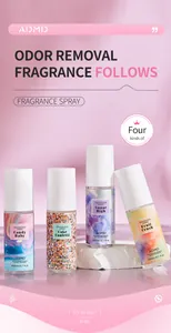 Quatre flacons de parfum ADMD avec différentes senteurs et des étiquettes pastel